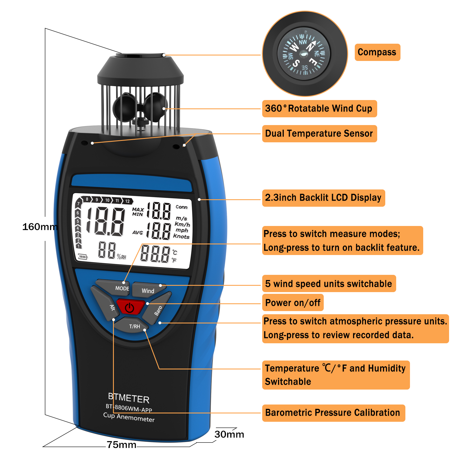 BTMETER Digital Cup Anemometer – обзор и цена Anemometer Wind Speed